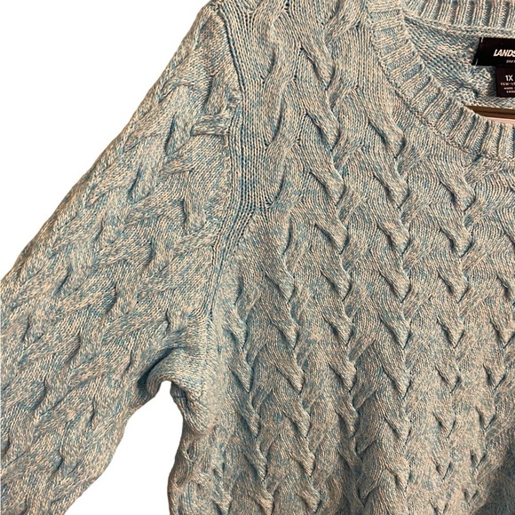 Lands End Drifter Cable Knit Sweater sky blue and white ladies 1X 16-18W, - Picture 3 of 12